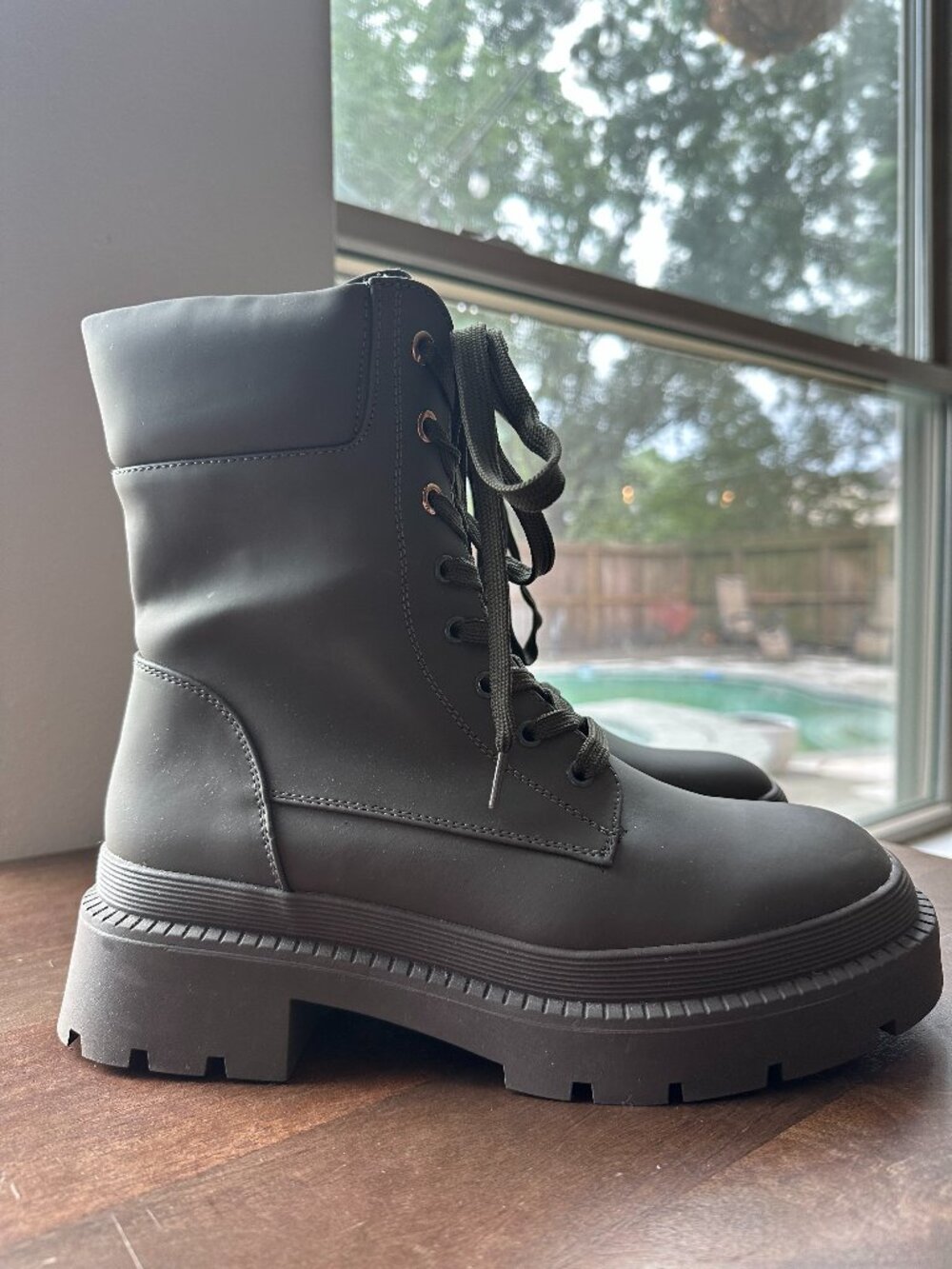 New Olive Green Matte Combat Boots | Lug Sole Military Bootie Womens 8